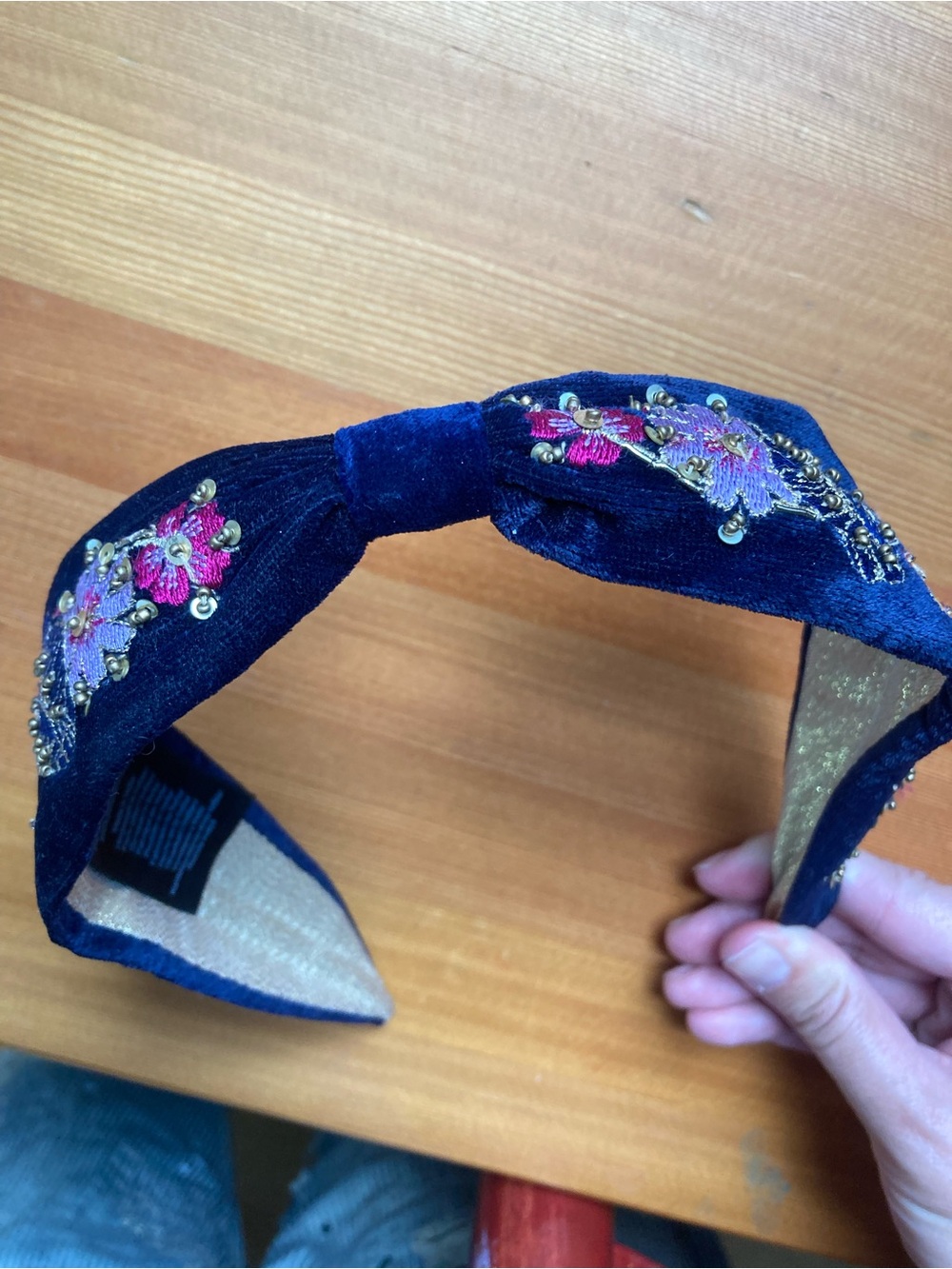 Velvet Embroidered Bow Headband in Navy Blue
